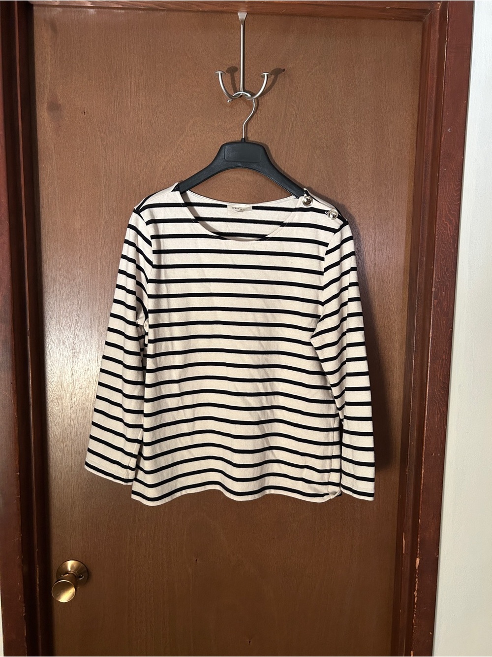 Sezane Cream and Black Striped Long-Sleeve Boatneck Top Size L
